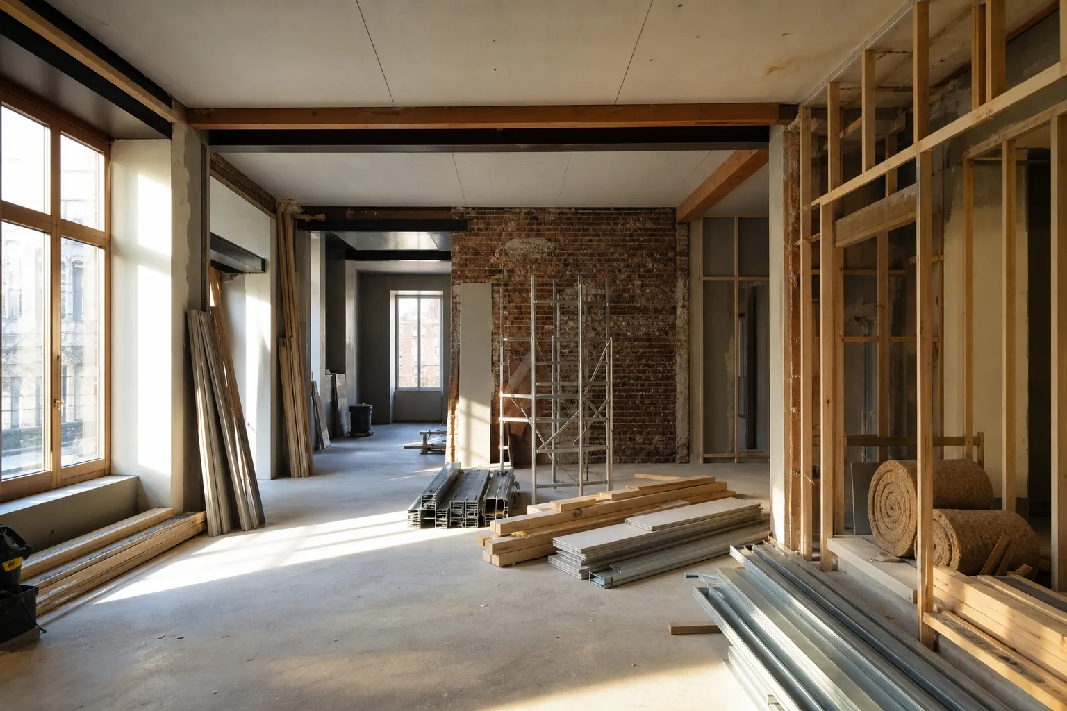 Chantier intérieur propre et organisé, cloisons ouvertes laissant voir une ossature bois et un mur porteur en brique, échafaudage léger, mat