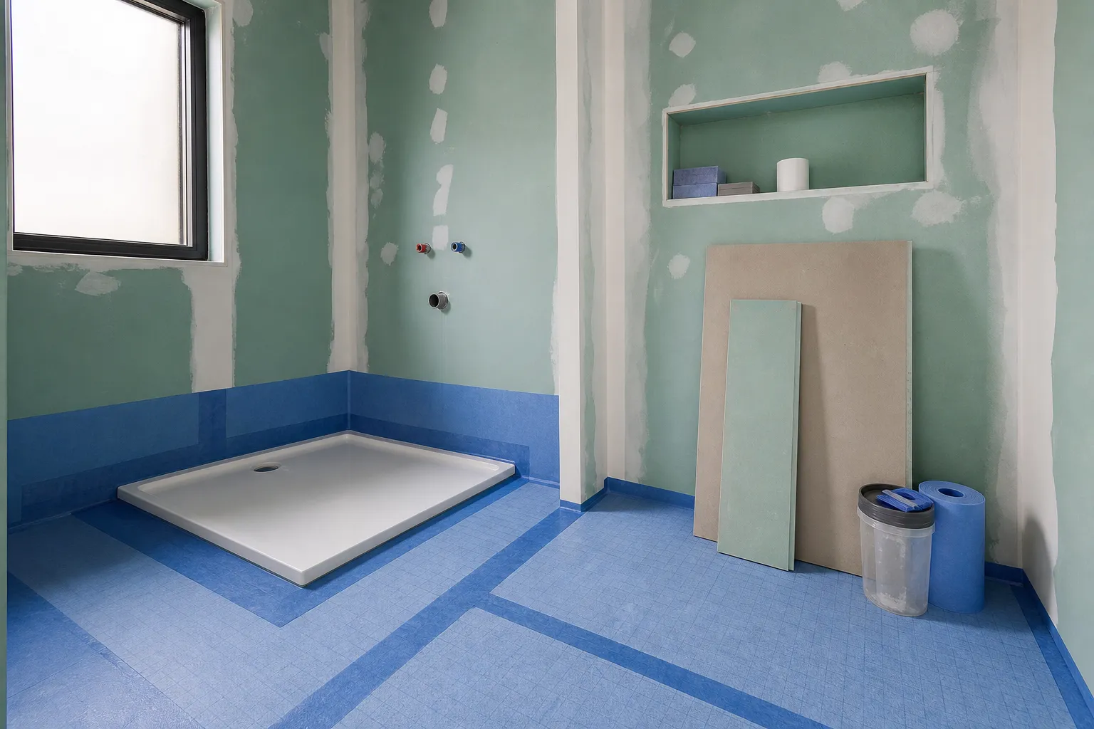 Chantier de salle de bain, support préparé, membrane d’étanchéité posée au sol et en angle avant carrelage, receveur en attente, matériaux p