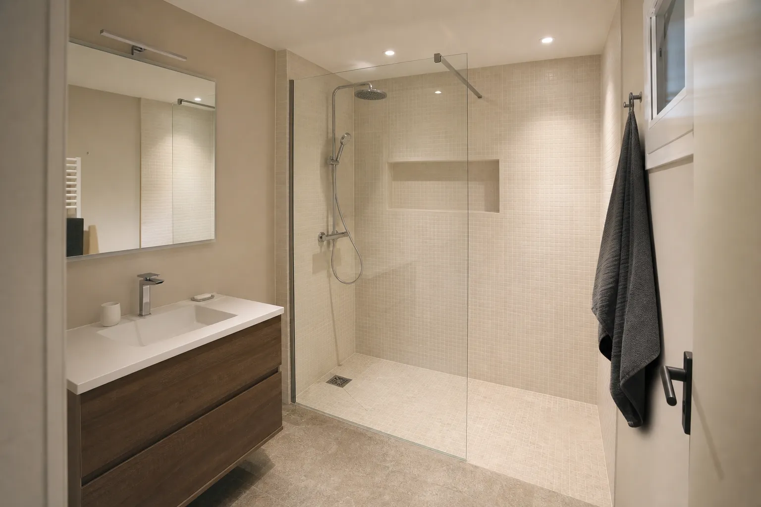 Salle de bain rénovée, douche à l’italienne carrelée, receveur au sol, paroi vitrée, robinetterie, petit carrelage clair, lumière douce et d